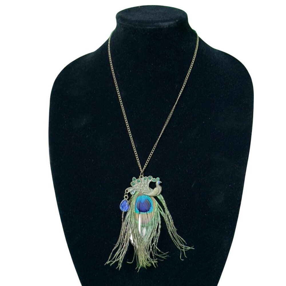 Peacock Feather Pendant Necklace Antique Gold Tone Chain & Blue Gemstone Accents